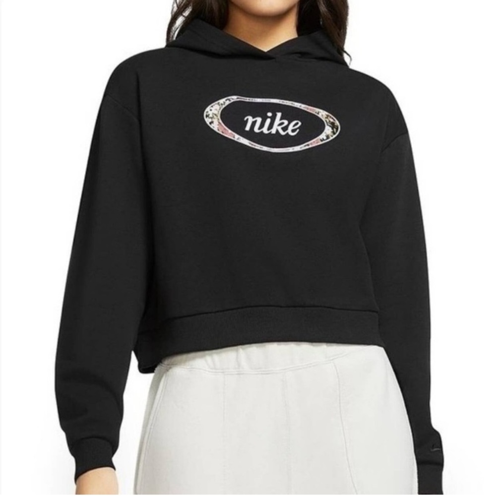 Nike black floral logo pullover hoodie, cropped or Short, size XS extra small